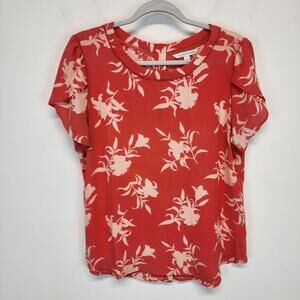 41Hawthorn Floral Ruffle Sleeve Blouse Size L Eyelet Neck Chiffon Flowy Office